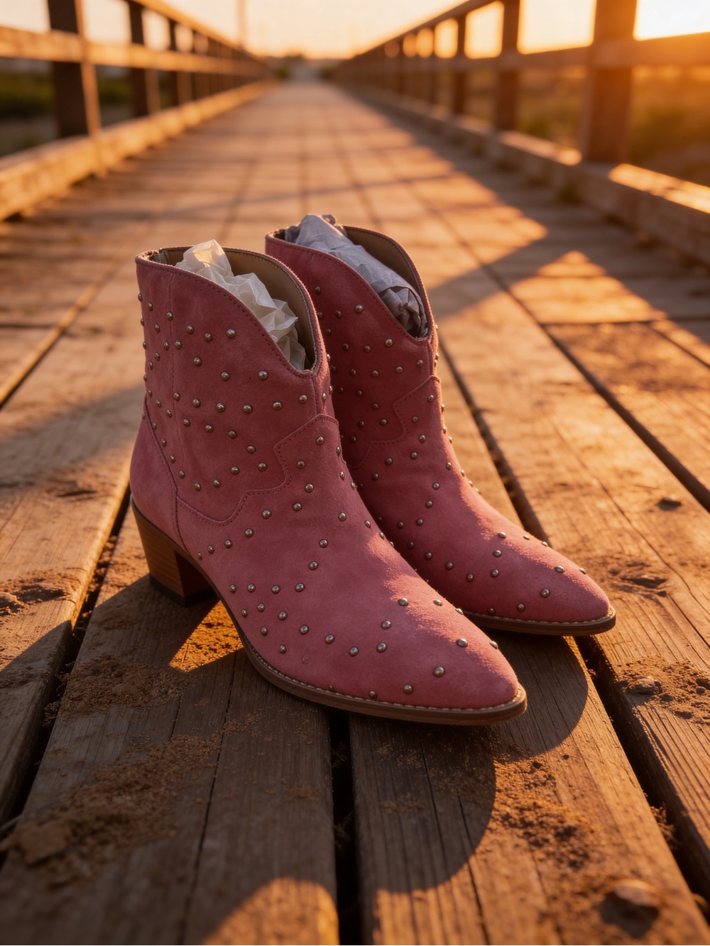 Studded Pink Suede Ankle Boots - Women